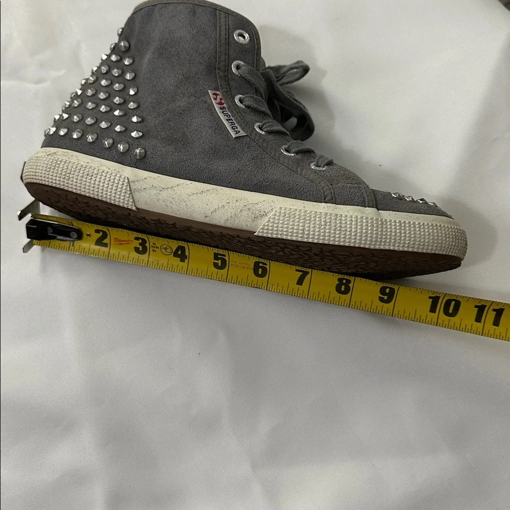 Superga Gray Suede Leather With Silver Studs, Grunge Black Smudged Sole
